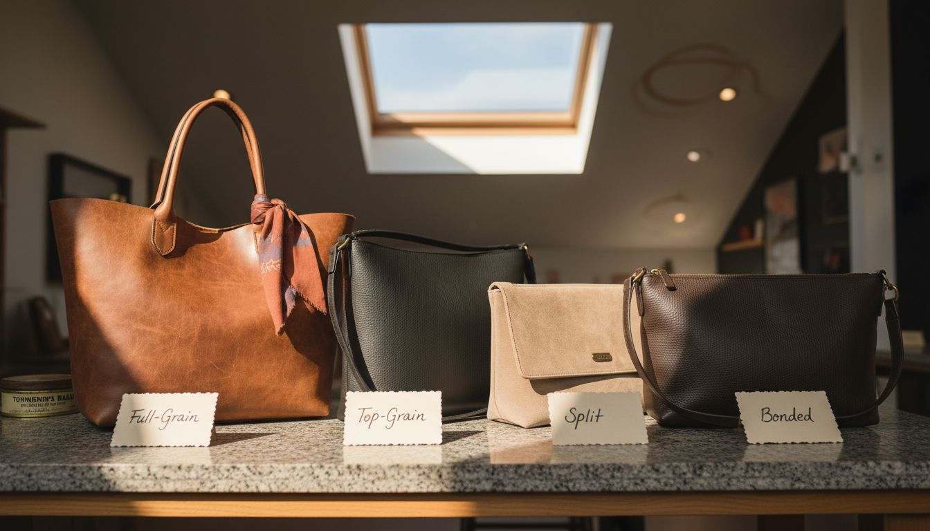 Four handbags show leather grade differences