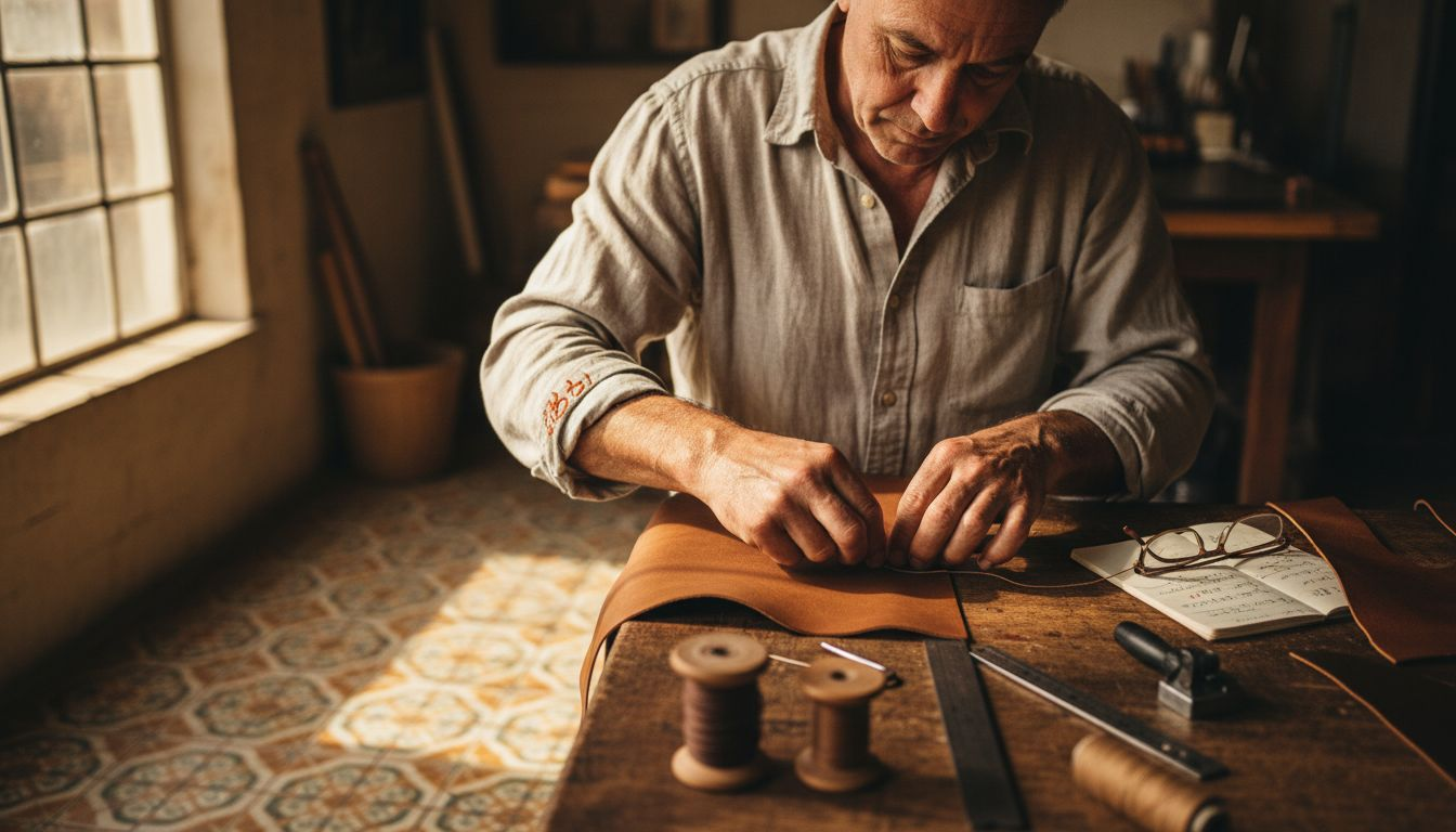 Italian artisan hand-stitching a leather bag