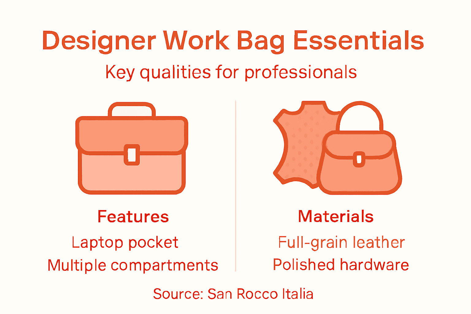 Infographic highlighting designer work bag features and materials