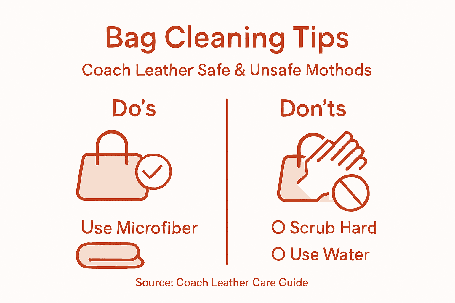 Infographic with safe and unsafe Coach bag cleaning tips
