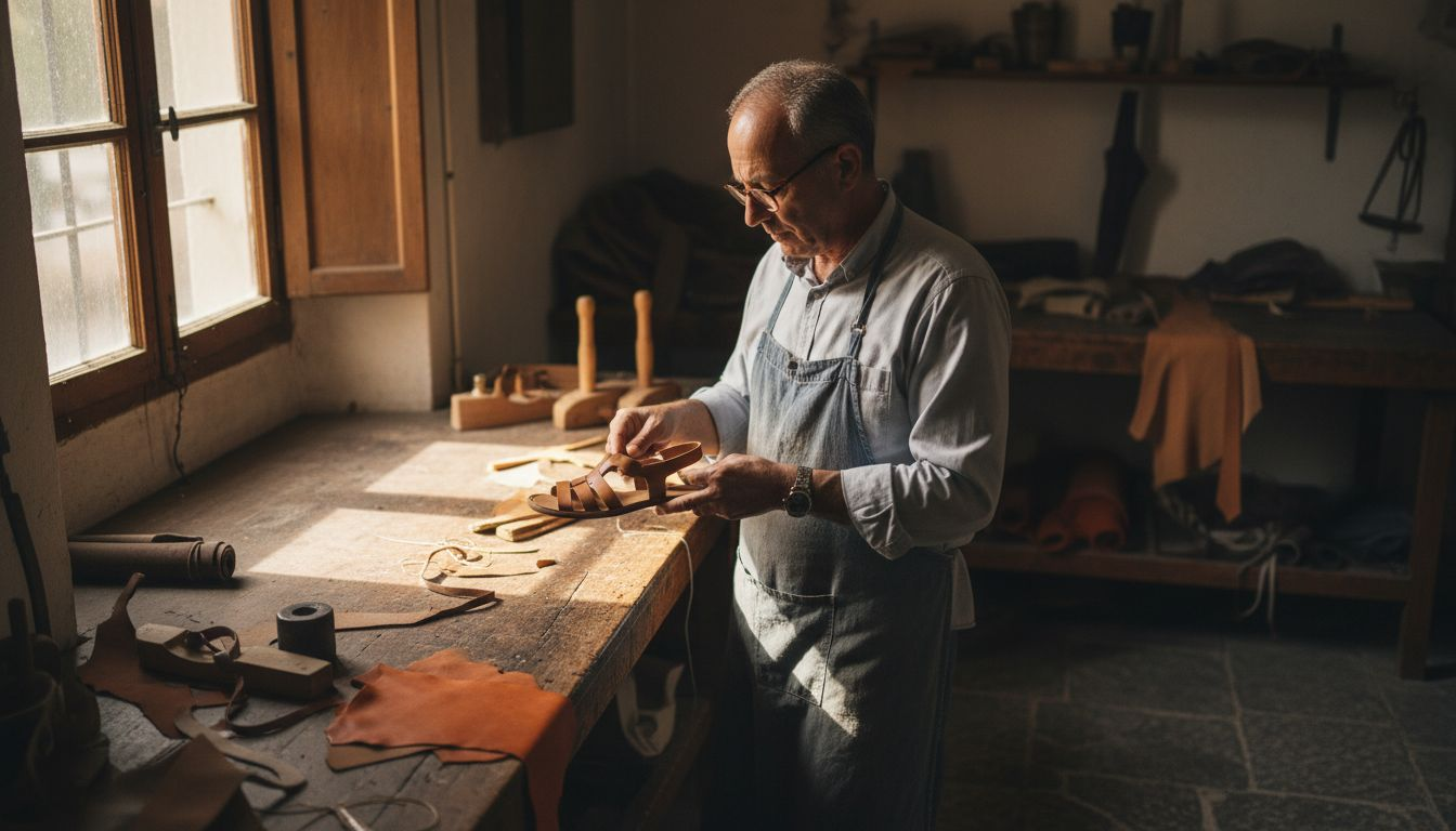 Artisan inspecting handcrafted leather sandals