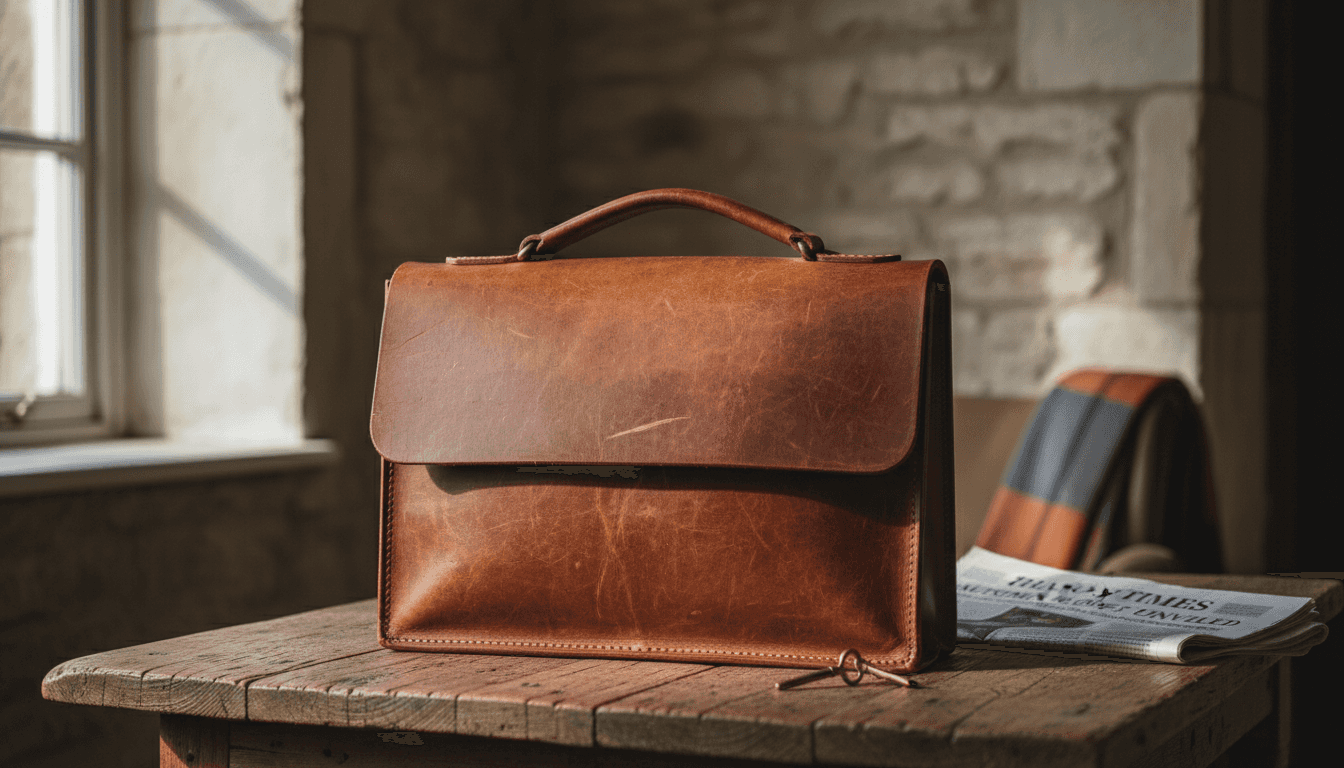 Full-grain leather handbag showing natural grain
