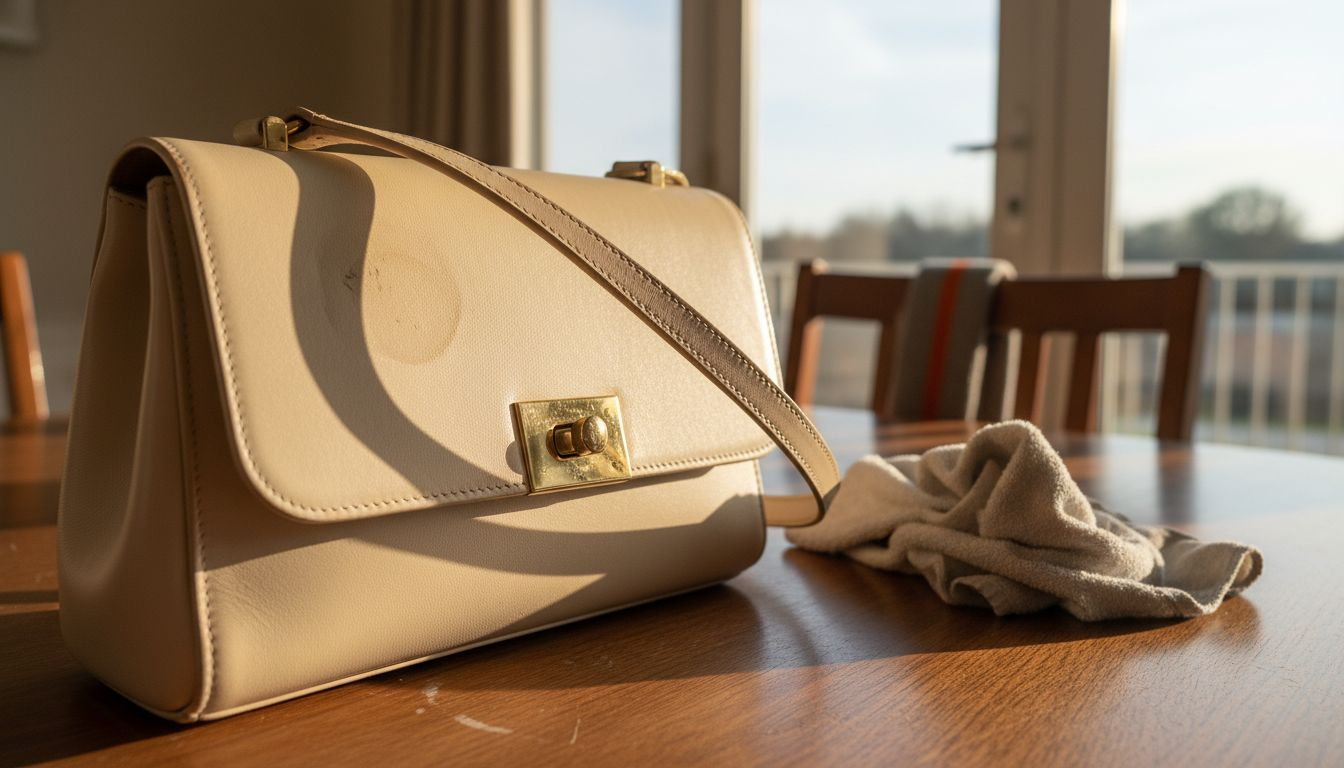 Water stain on cream leather handbag flap