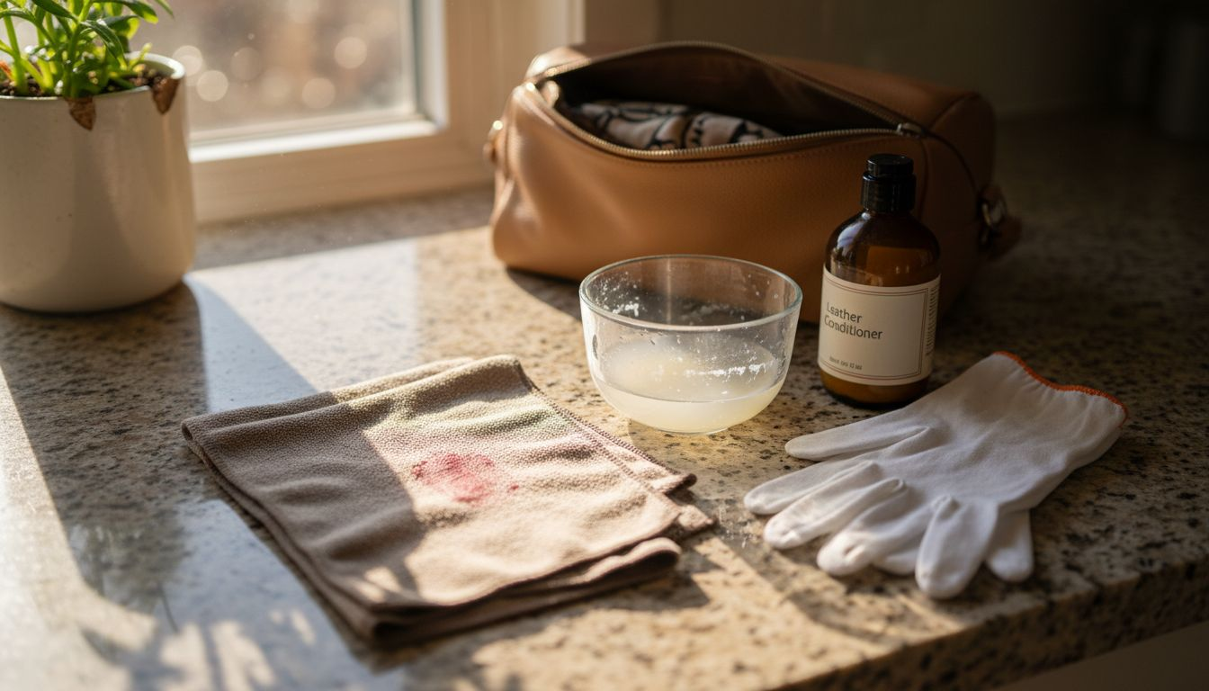 Leather cleaning tools and bag on counter