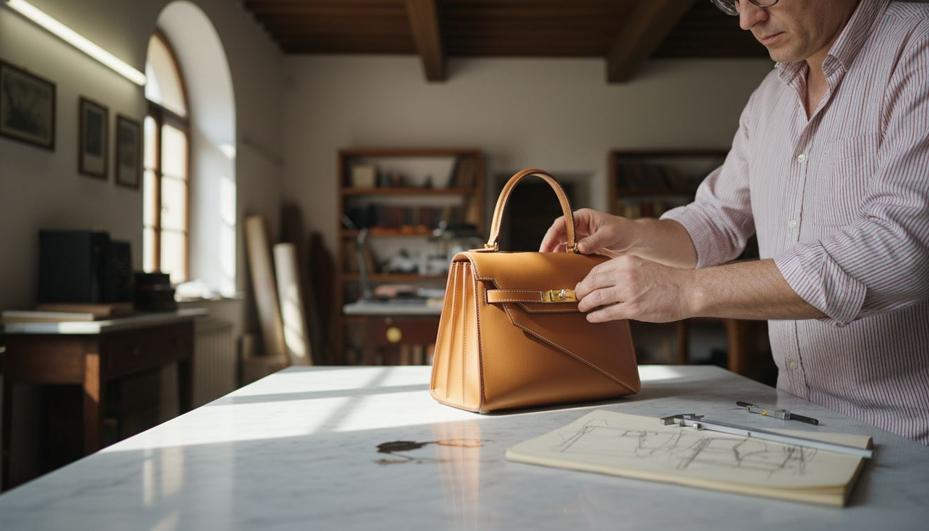 Italian artisan arranging elegant structured handbag