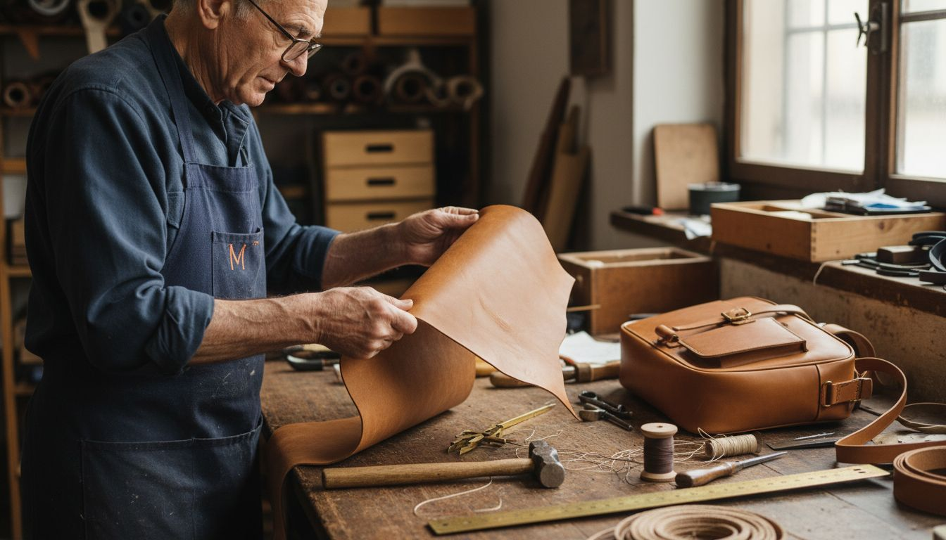 Italian leather craftsman inspecting full-grain hide