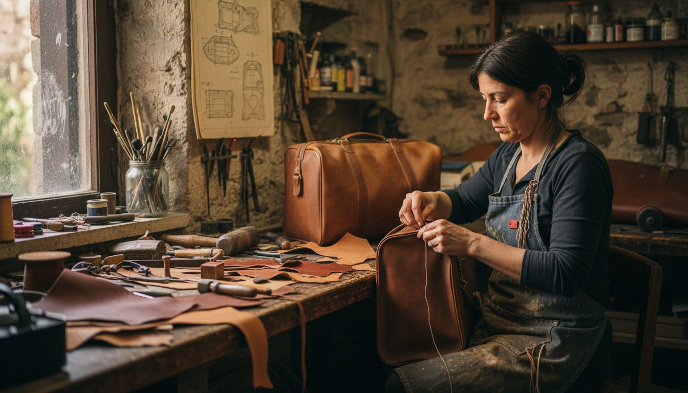 Leather artisan hand-stitching men’s luggage