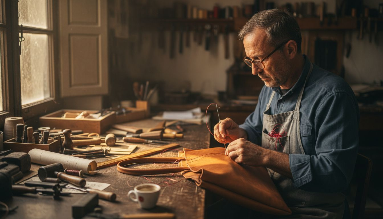 Italian artisan hand-stitching leather tote handle