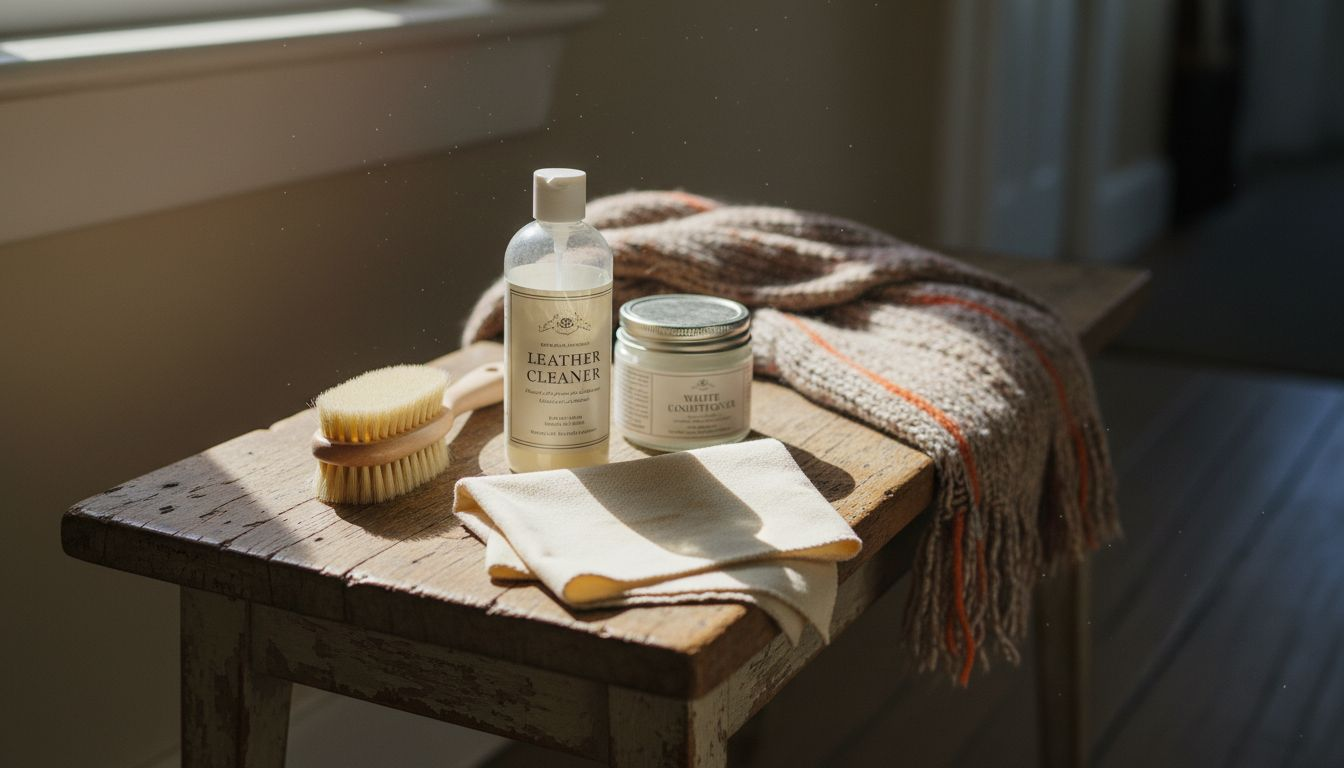 Leather care supplies arranged on bench