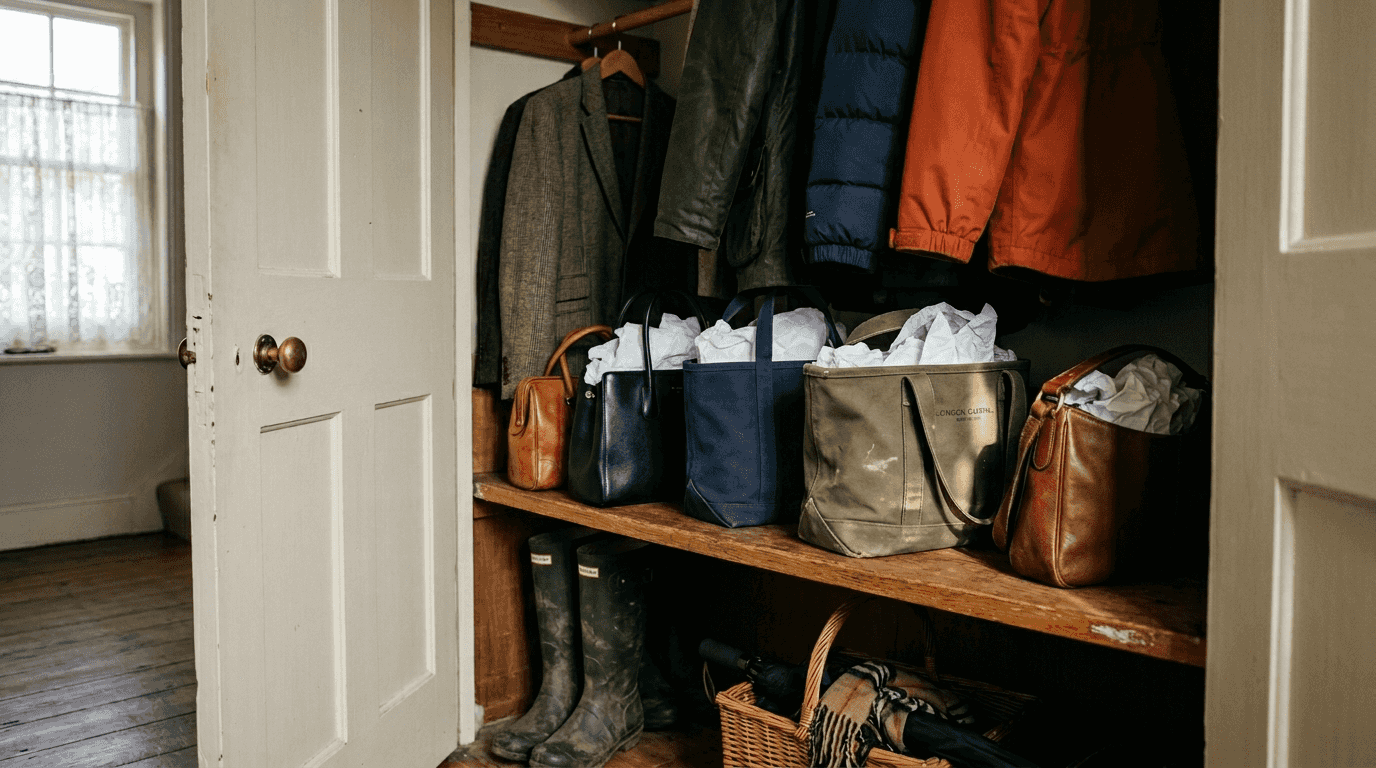 Closet shelf with stored handbags and accessories