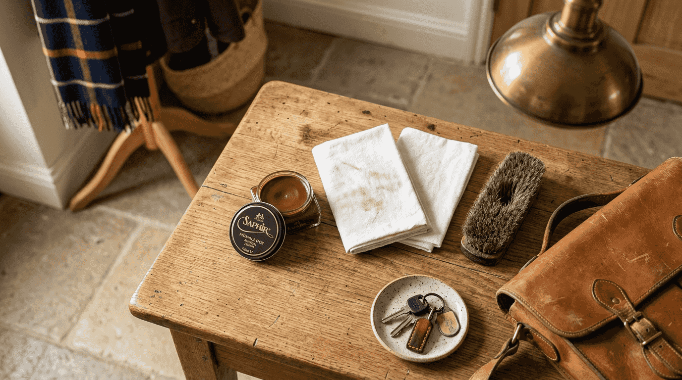 Handbag cleaning supplies on wooden table