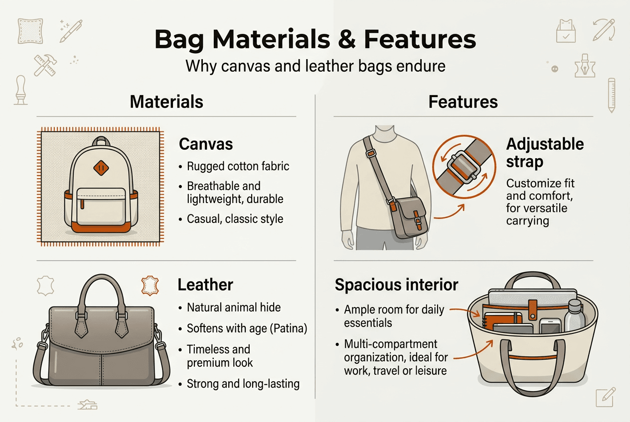Infographic showing canvas leather bag materials and features