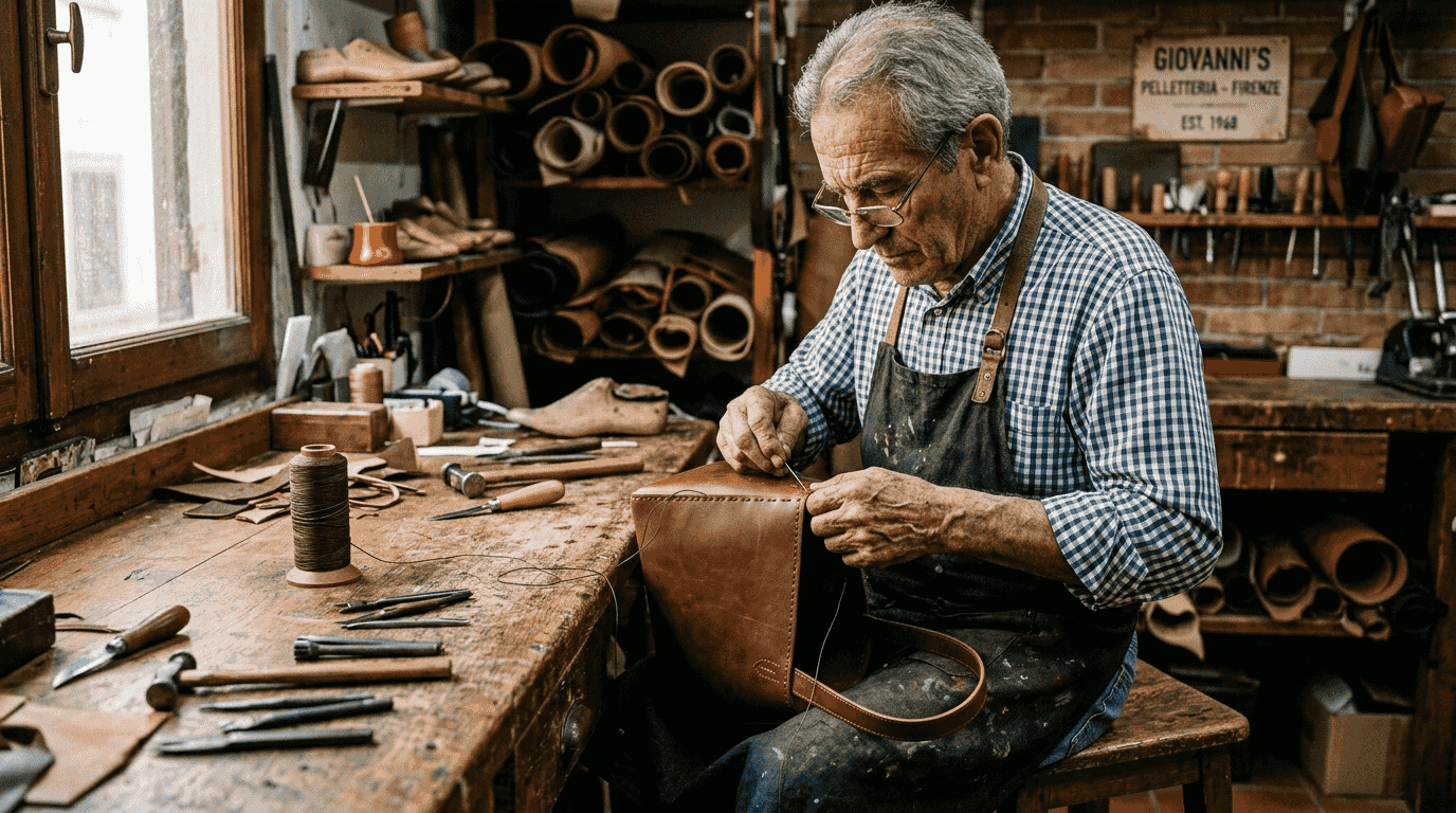 Artisan hand-stitching leather handbag in workshop