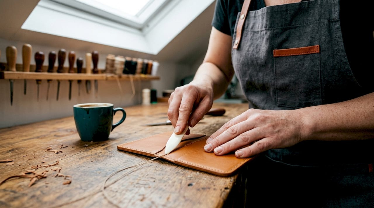 Artisan hand-stitching leather passport holder