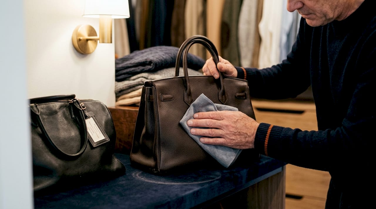 Hands conditioning luxury leather handbag on shelf