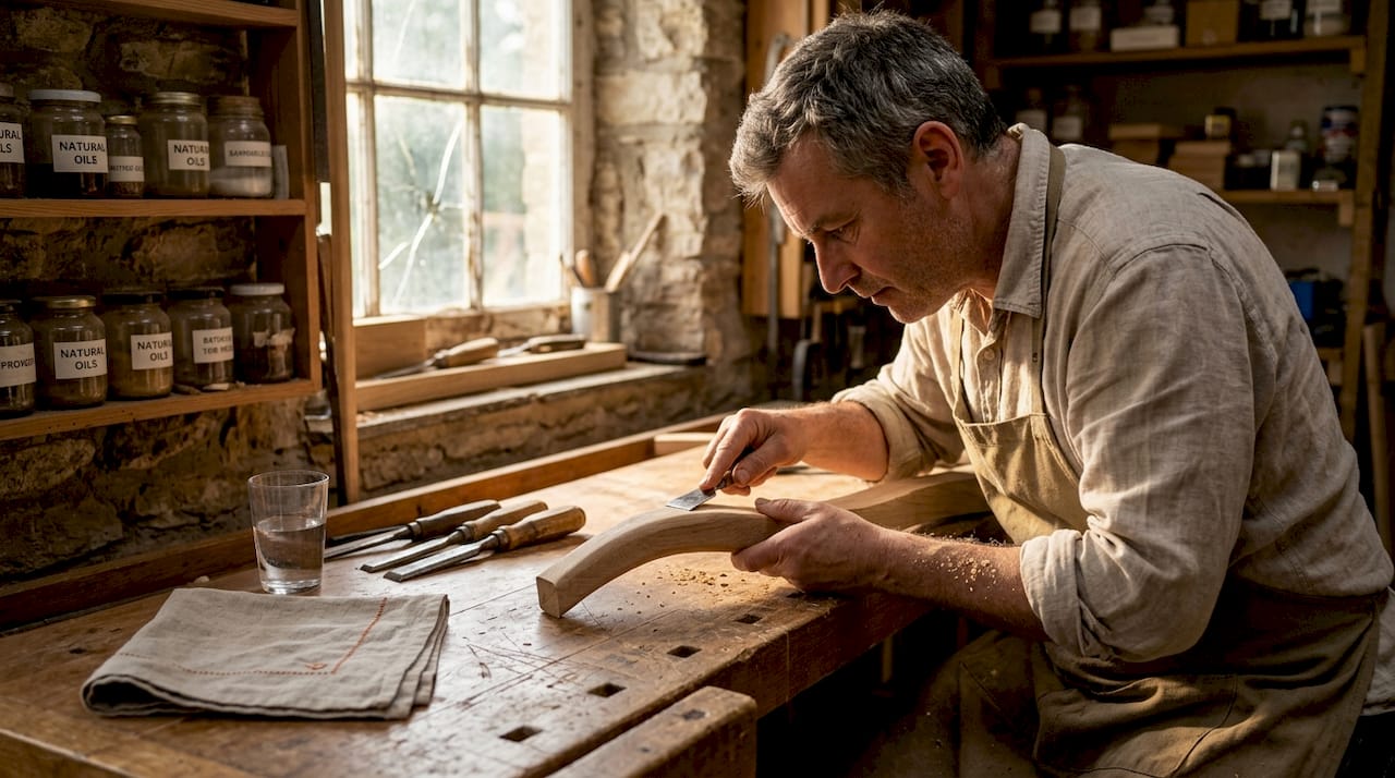 Artisan crafting wooden Italian furniture leg