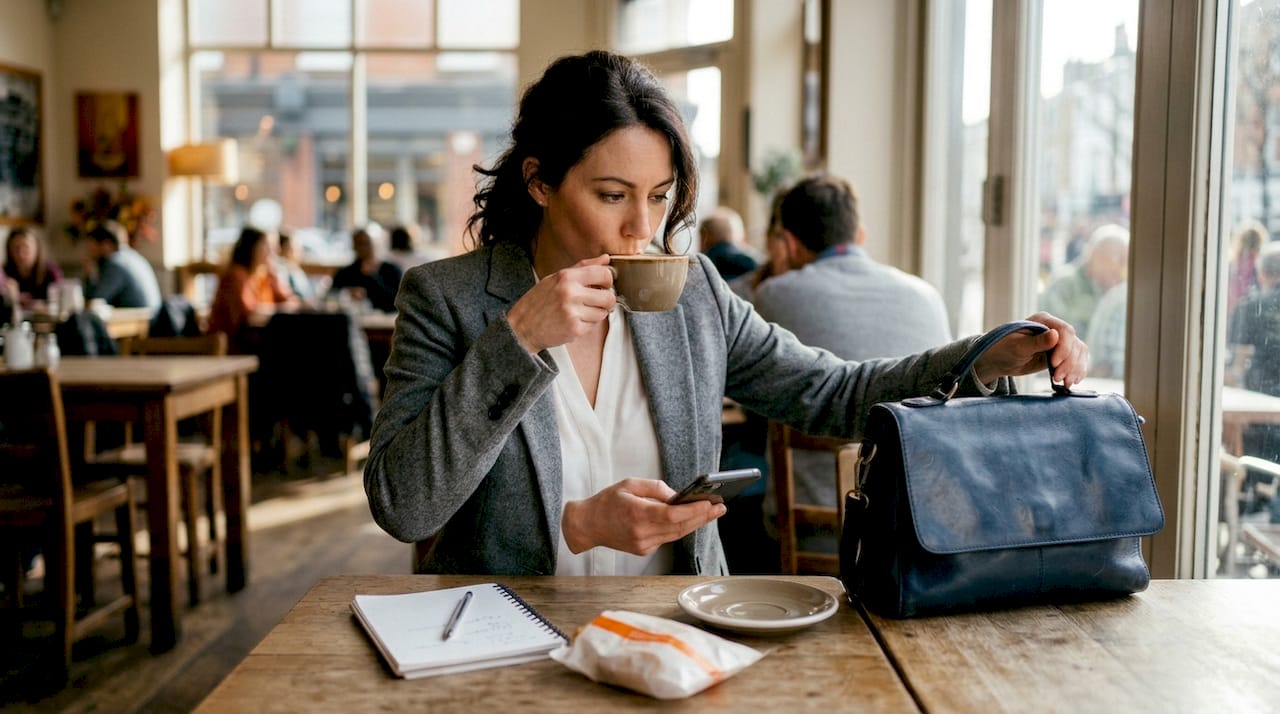 Full-grain navy leather handbag in daily use