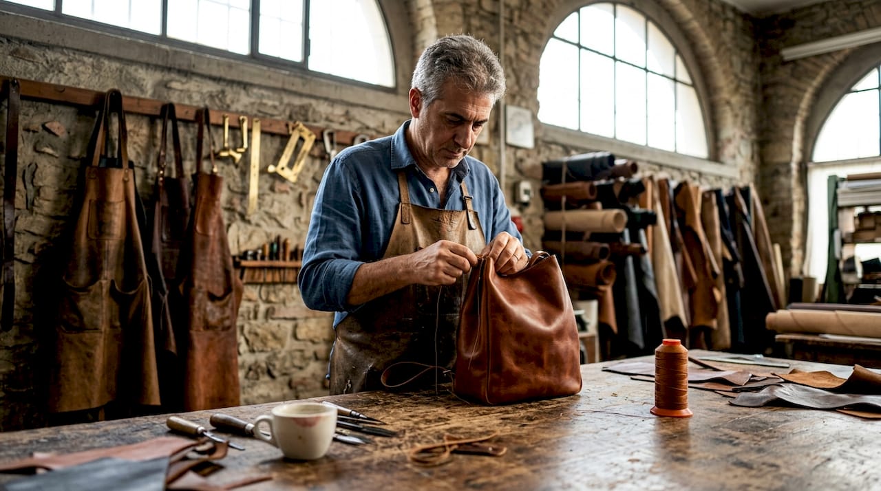Artisan cousant un sac hobo à la main dans un atelier de Florence