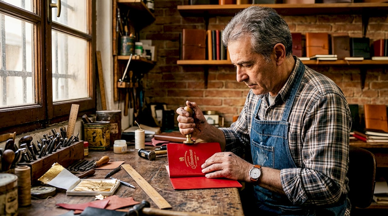 Florence artisan crafting red leather journal