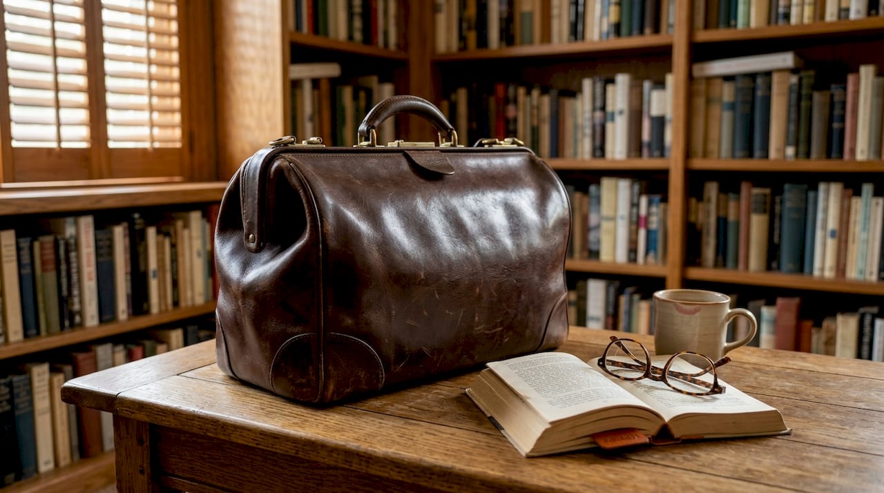 Aged leather doctor’s bag showing patina on table