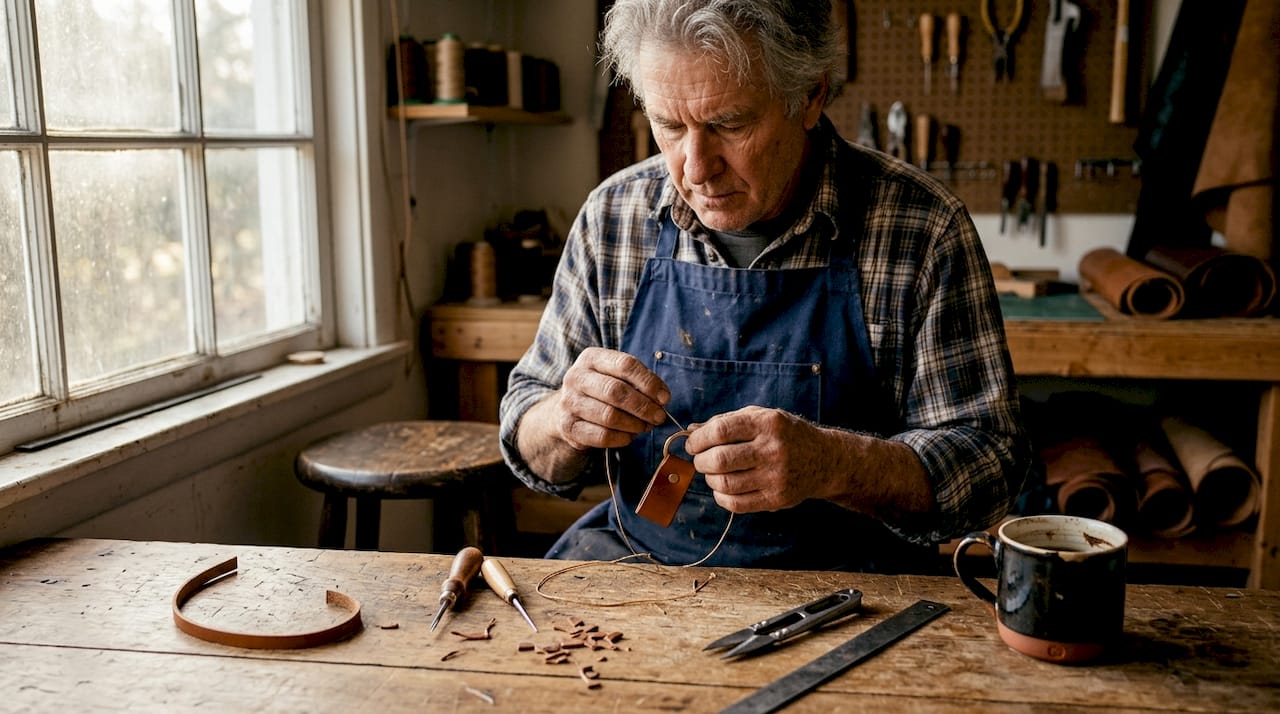 Artisan cousant à la main un porte-clés en cuir italien