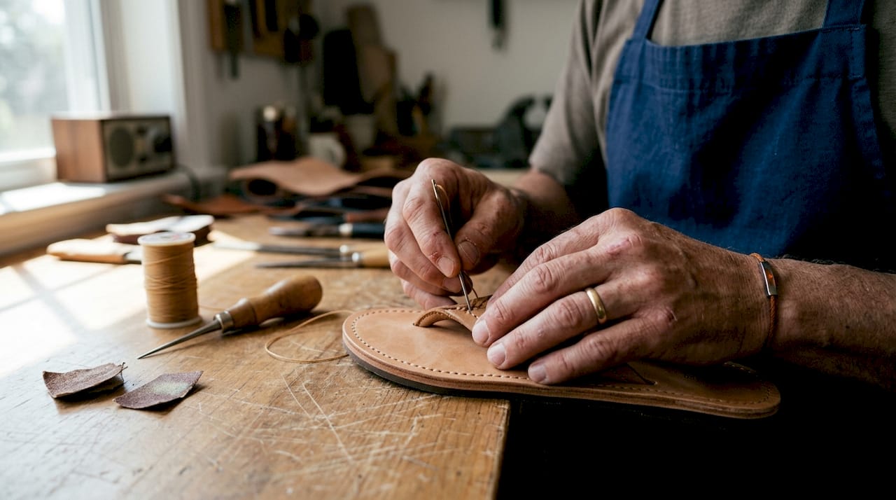Hands stitching leather flip flop sandal