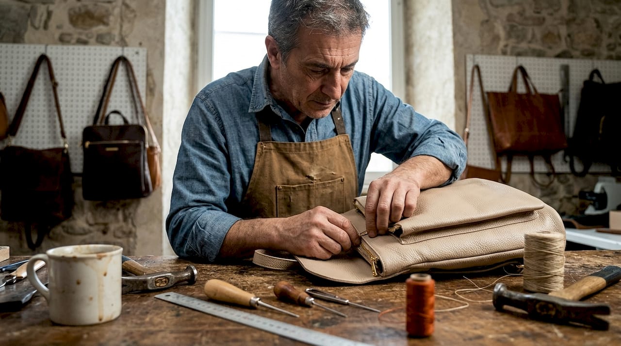 Artisan crafting Italian leather convertible bag
