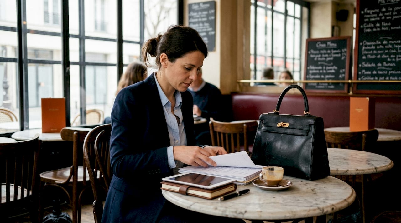 Structured French leather bag in Paris café