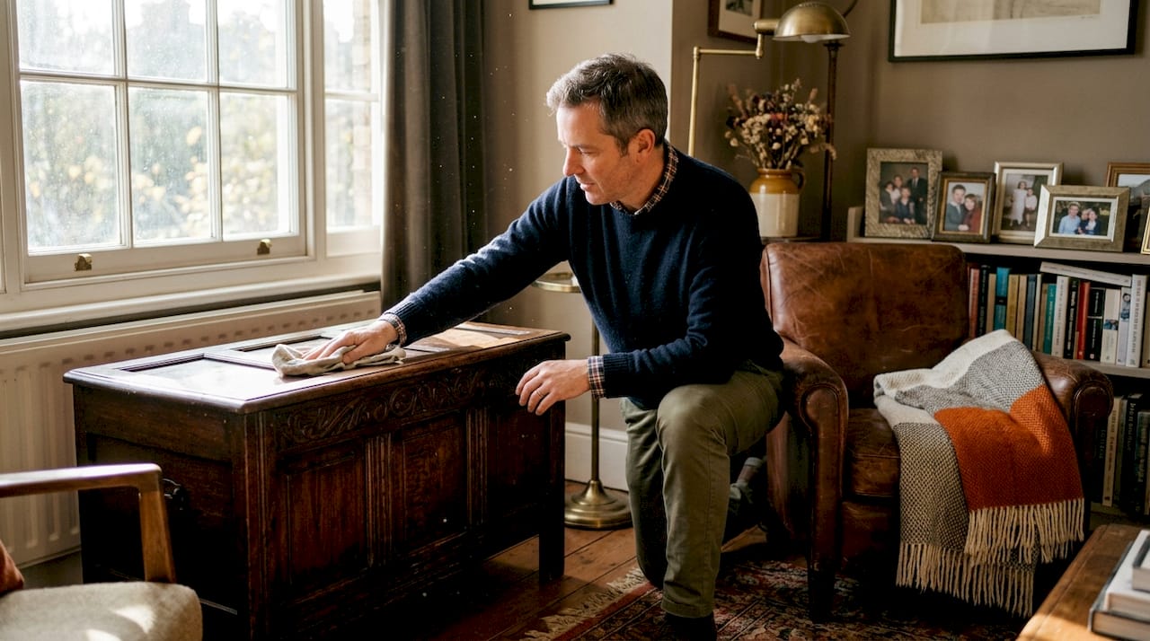 Man dusting mahogany chest in antique-filled room