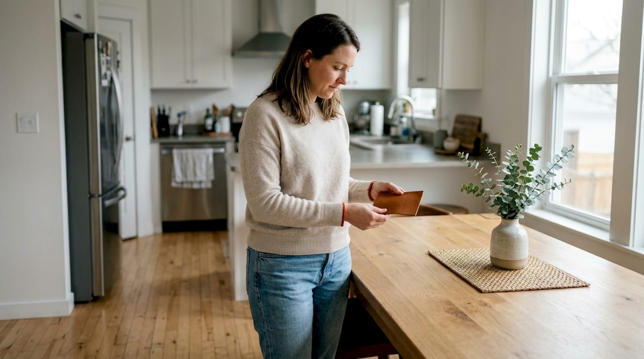 Woman inspecting sustainable materials in kitchen