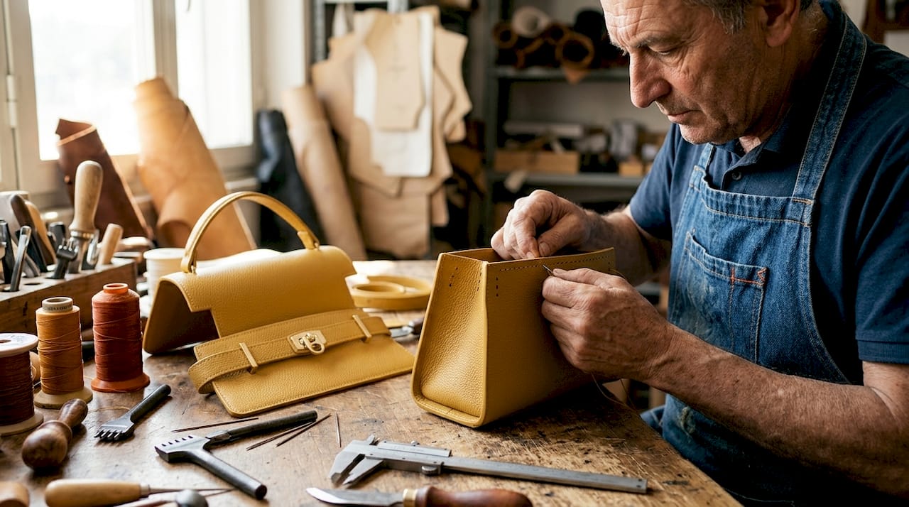 Italian bagmaker hand-stitching leather handbag