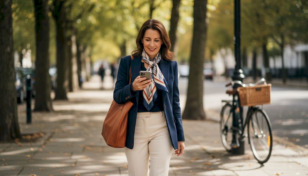 Woman wearing silk scarf on city sidewalk