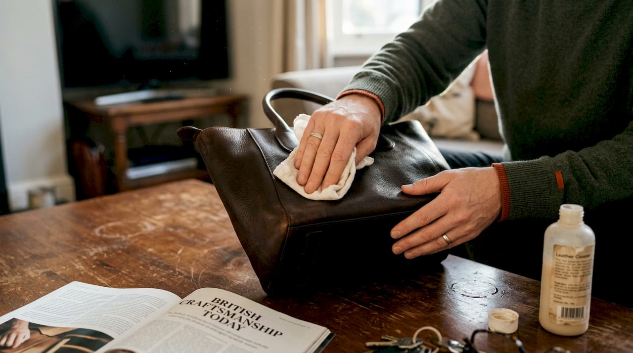 Hands cleaning leather bag with cloth