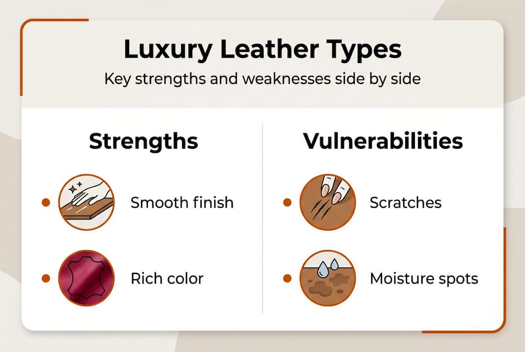 Infographic comparing leather type strengths and vulnerabilities