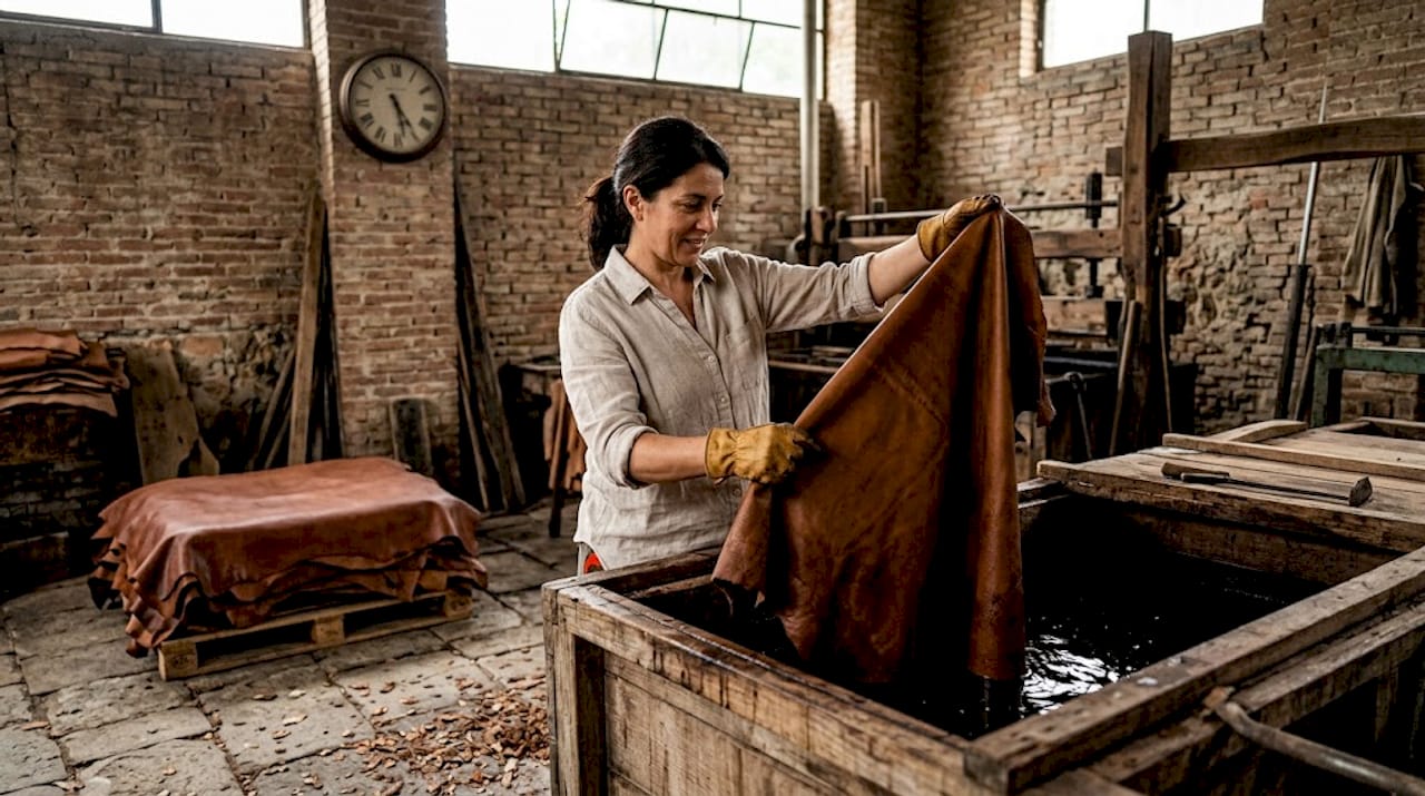 Tannery worker inspecting Tuscan leather hide