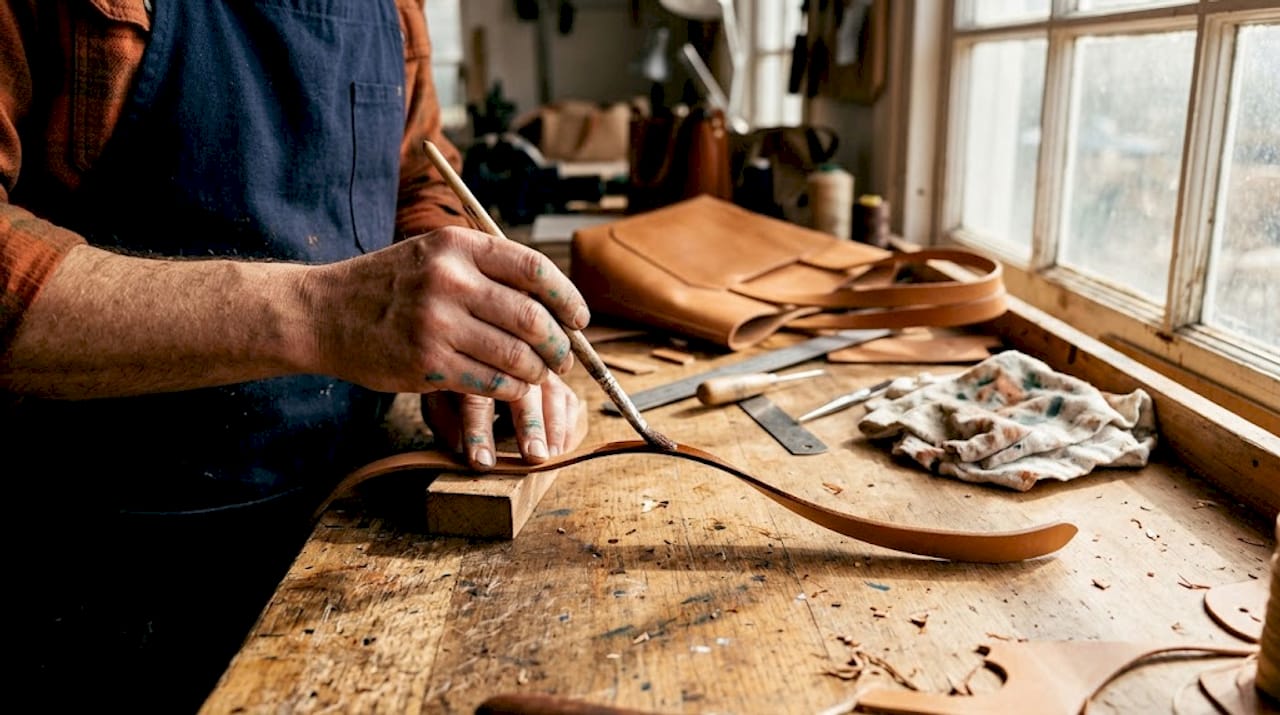 Artisan paints edge of leather bag strap