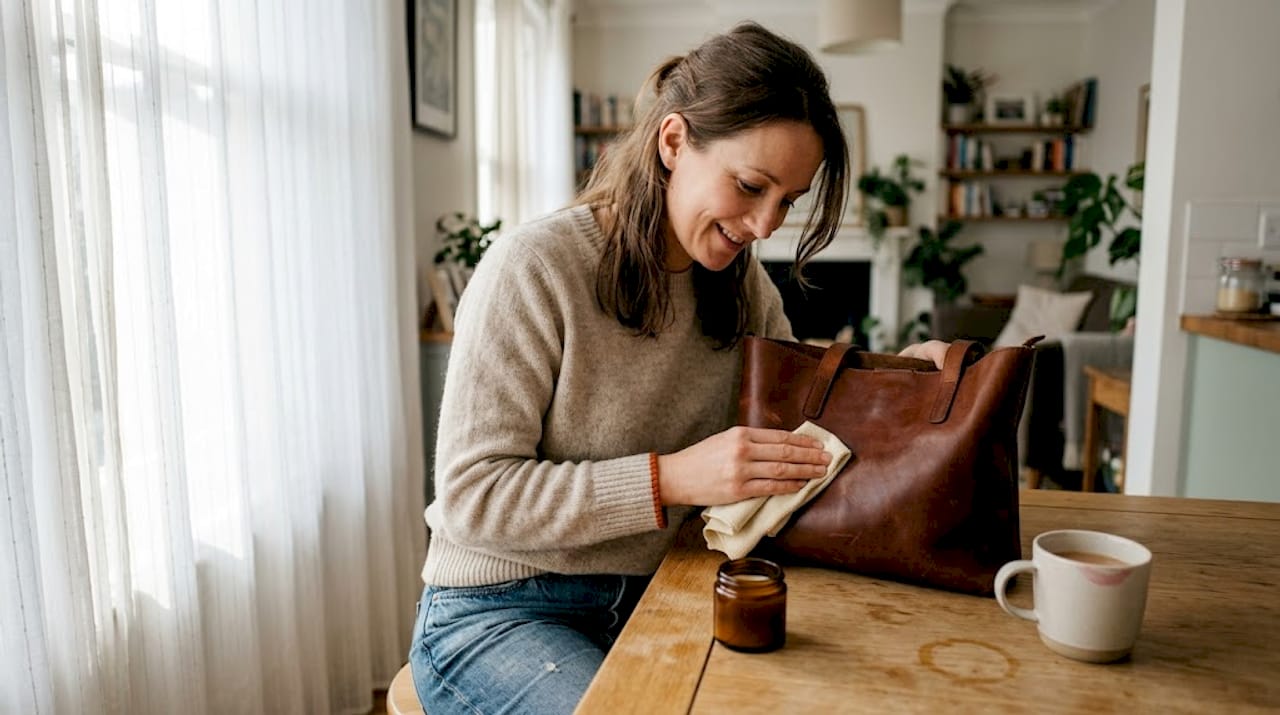 Woman caring for authentic leather bag