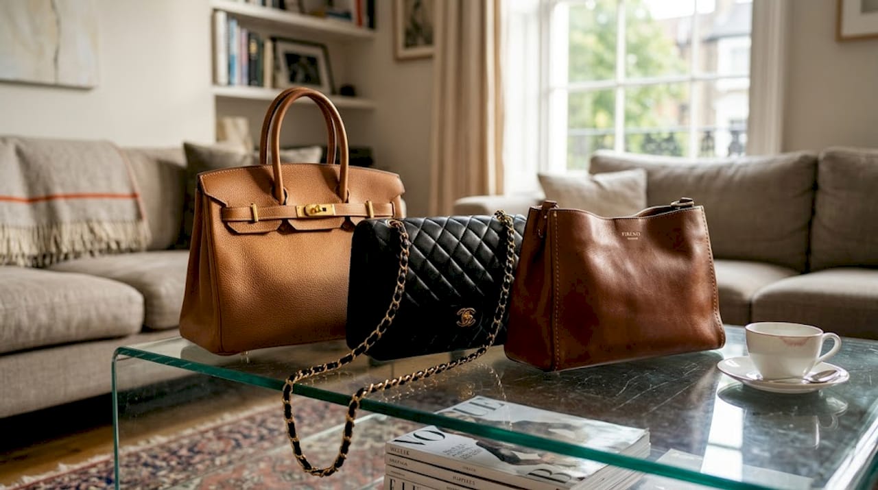Three luxury handbags compared on coffee table