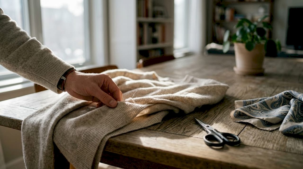 Hand touching fine cashmere fabric detail