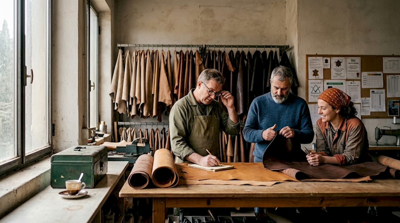 Italian workshop artisans inspect leather hides
