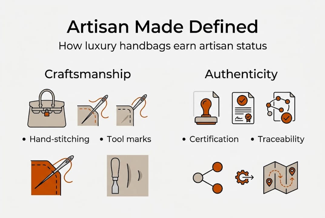 Infographic showing artisan made luxury handbag key elements