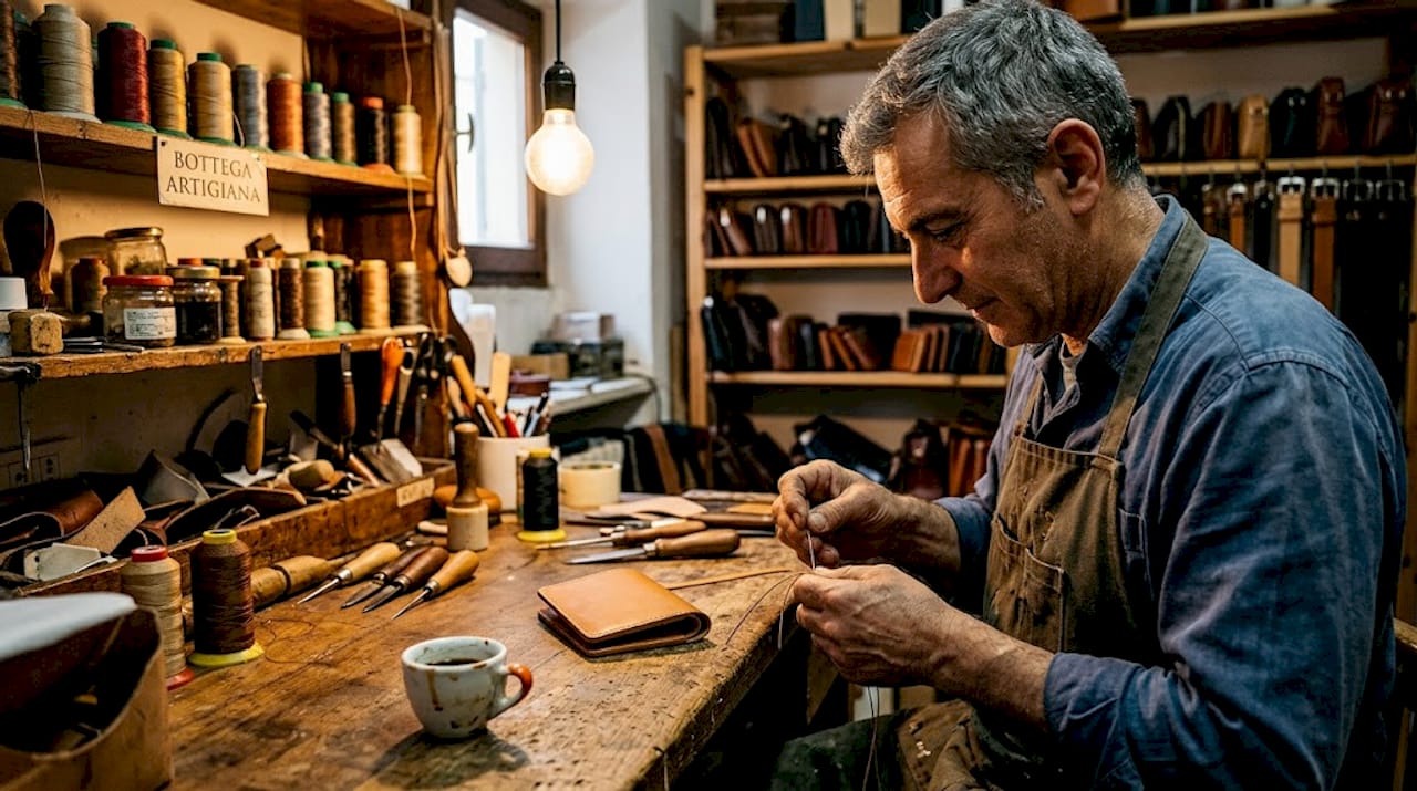 Italian artisan hand-stitching leather wallet