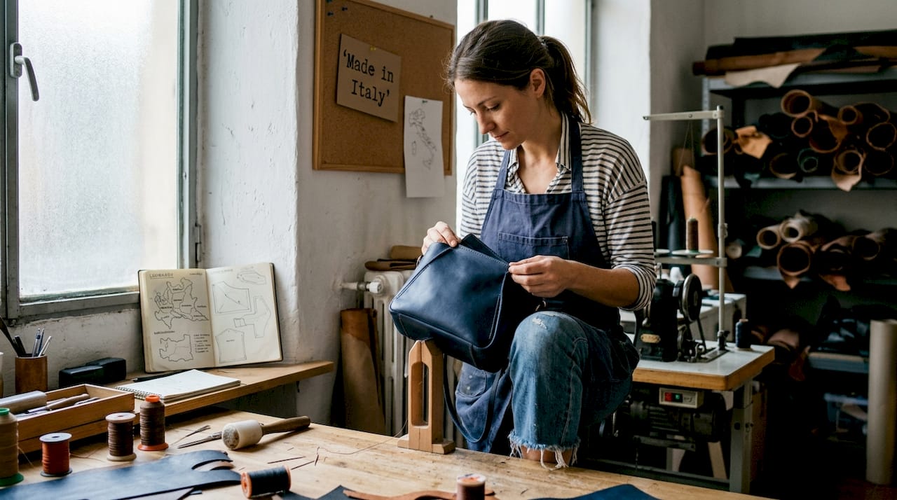 Artisan verifying leather bag in Milan studio
