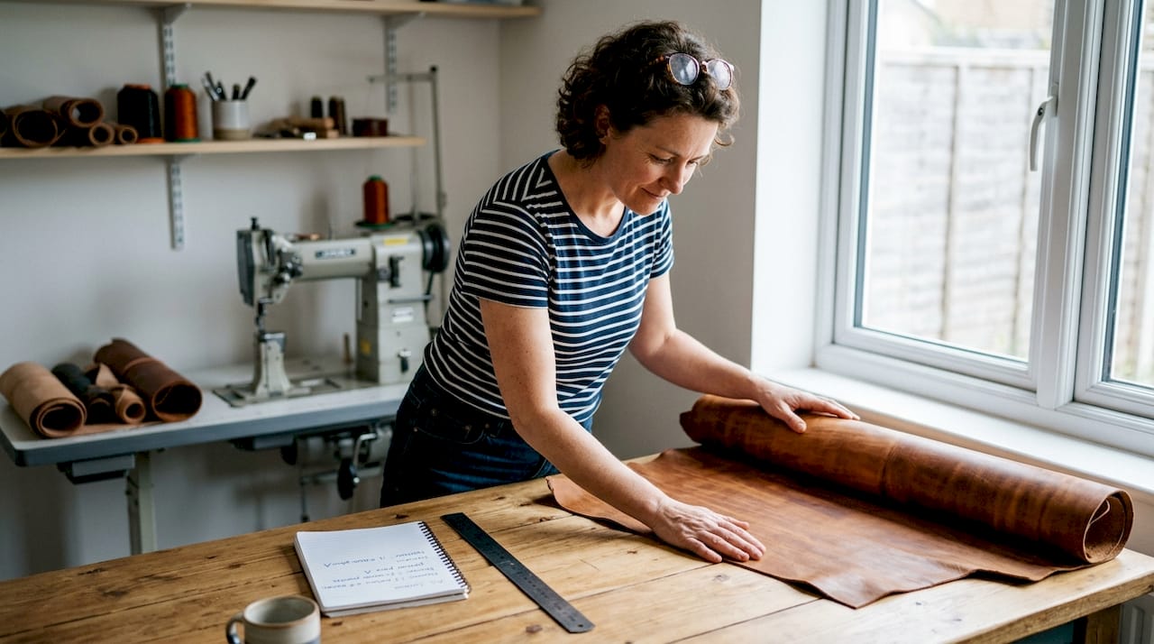 Woman inspecting quality Italian tanned leather