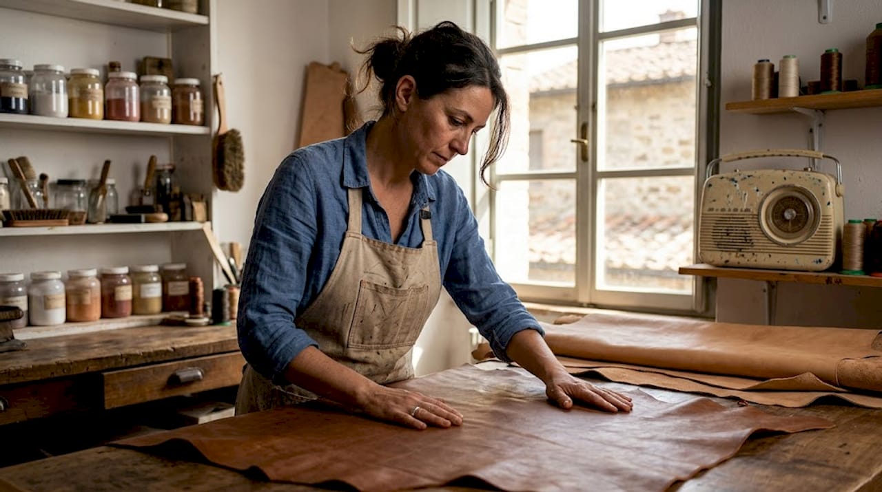 Craftworker inspects tanned leather in workshop