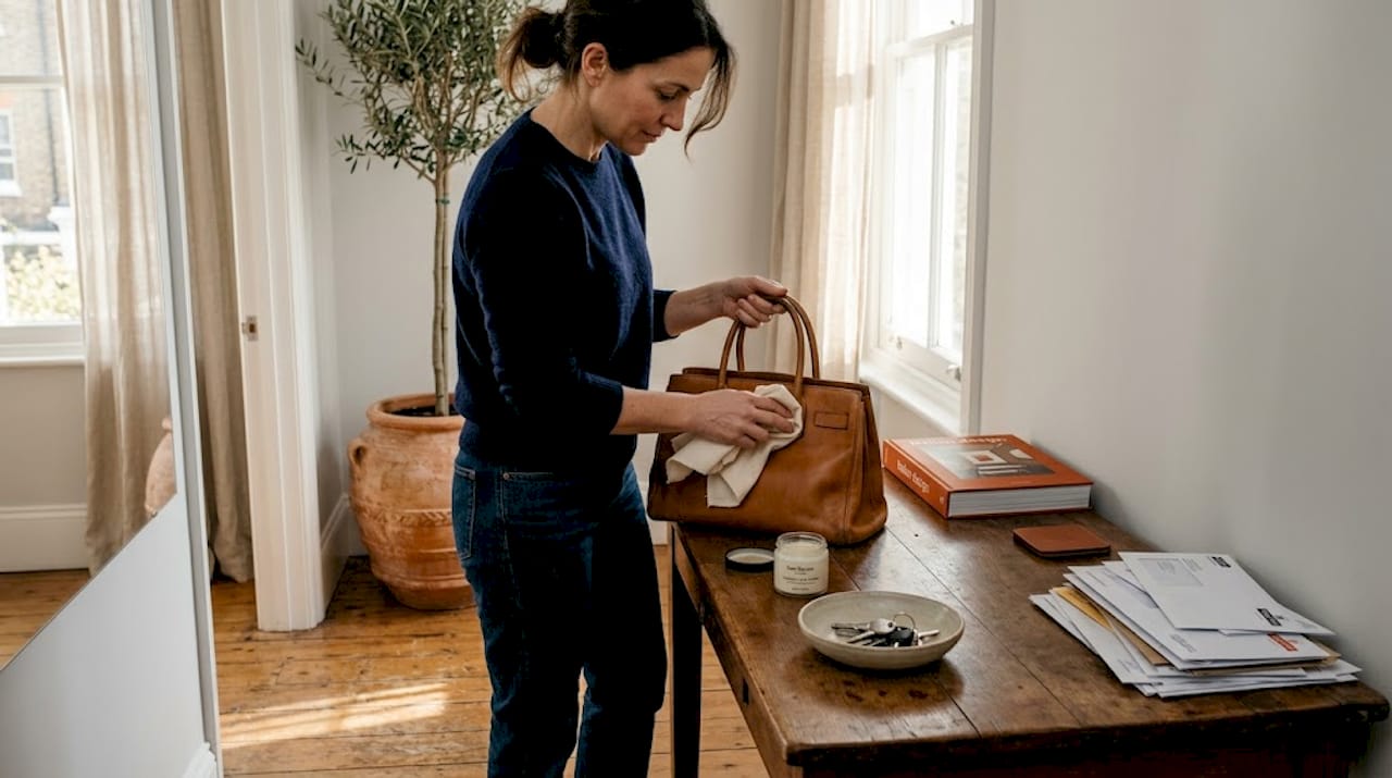 Femme prenant soin d'un sac à main cousu à la main