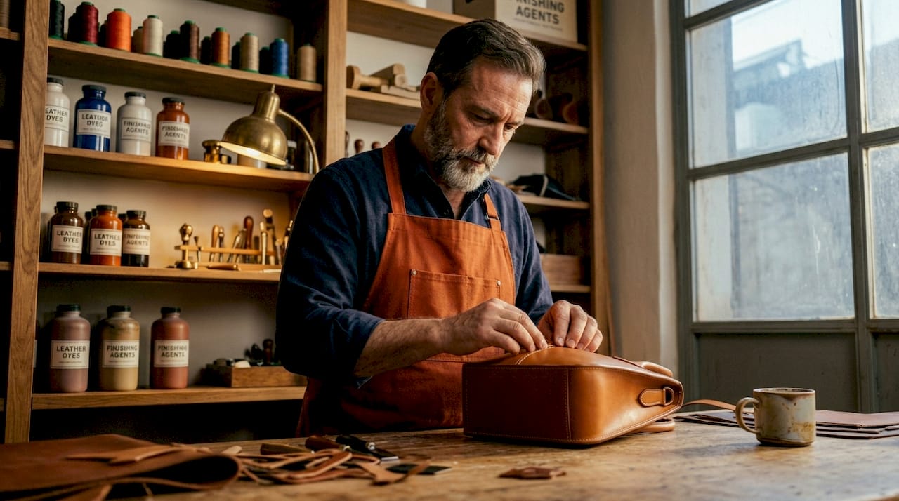 Artisan checking fine leather in Italian workshop