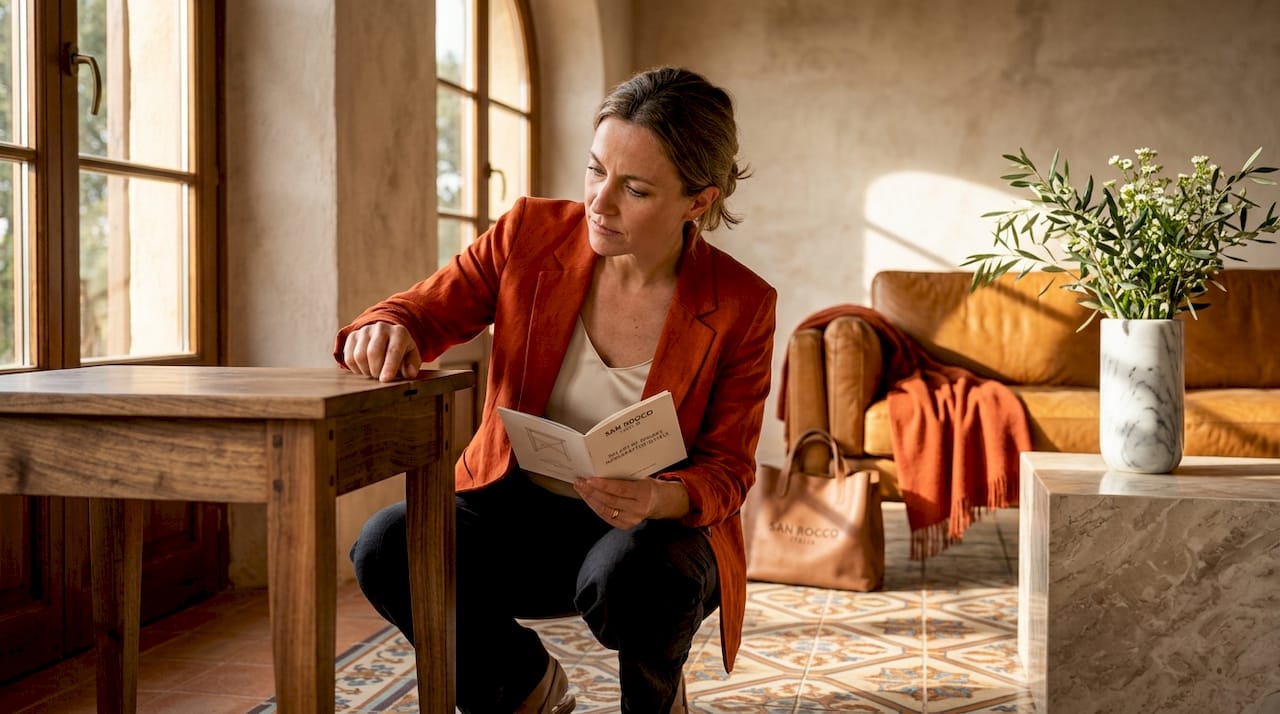 Woman examining joinery on Italian side table