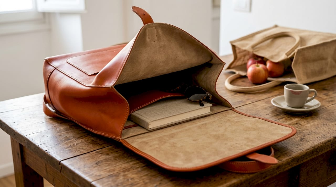 Minimalist Venetian leather knapsack interior view
