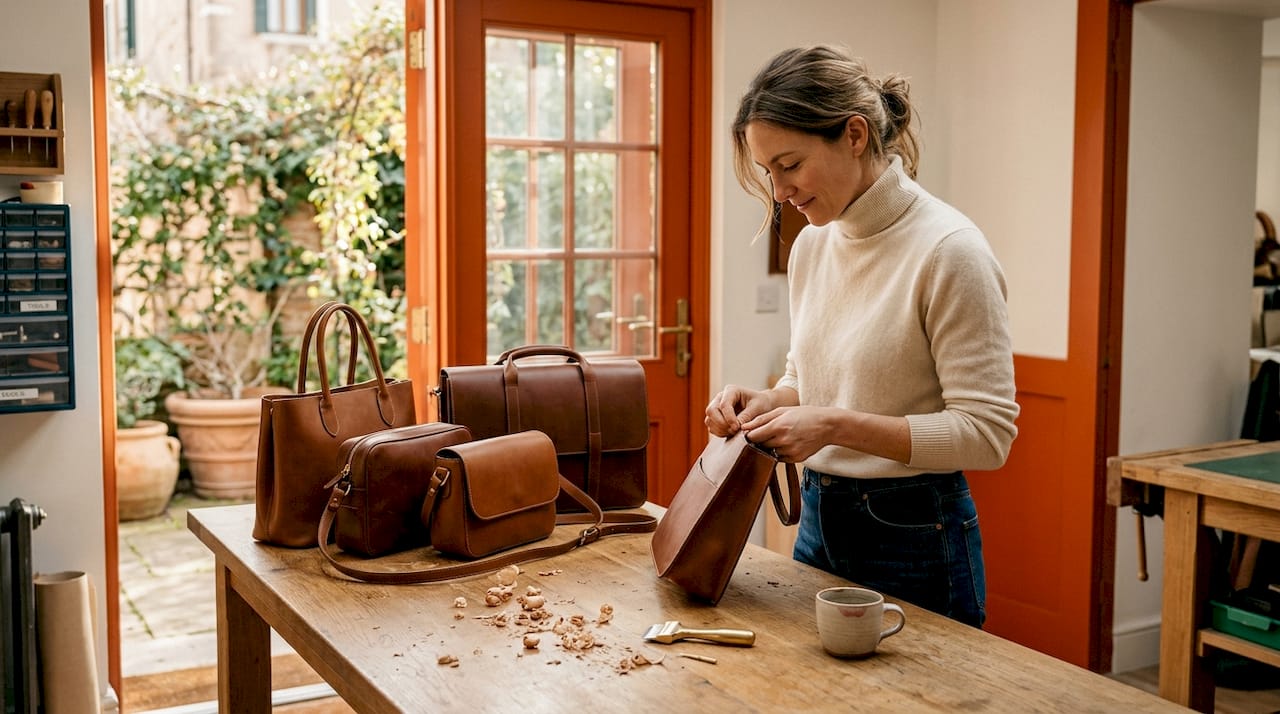 Woman inspecting handcrafted luxury handbags